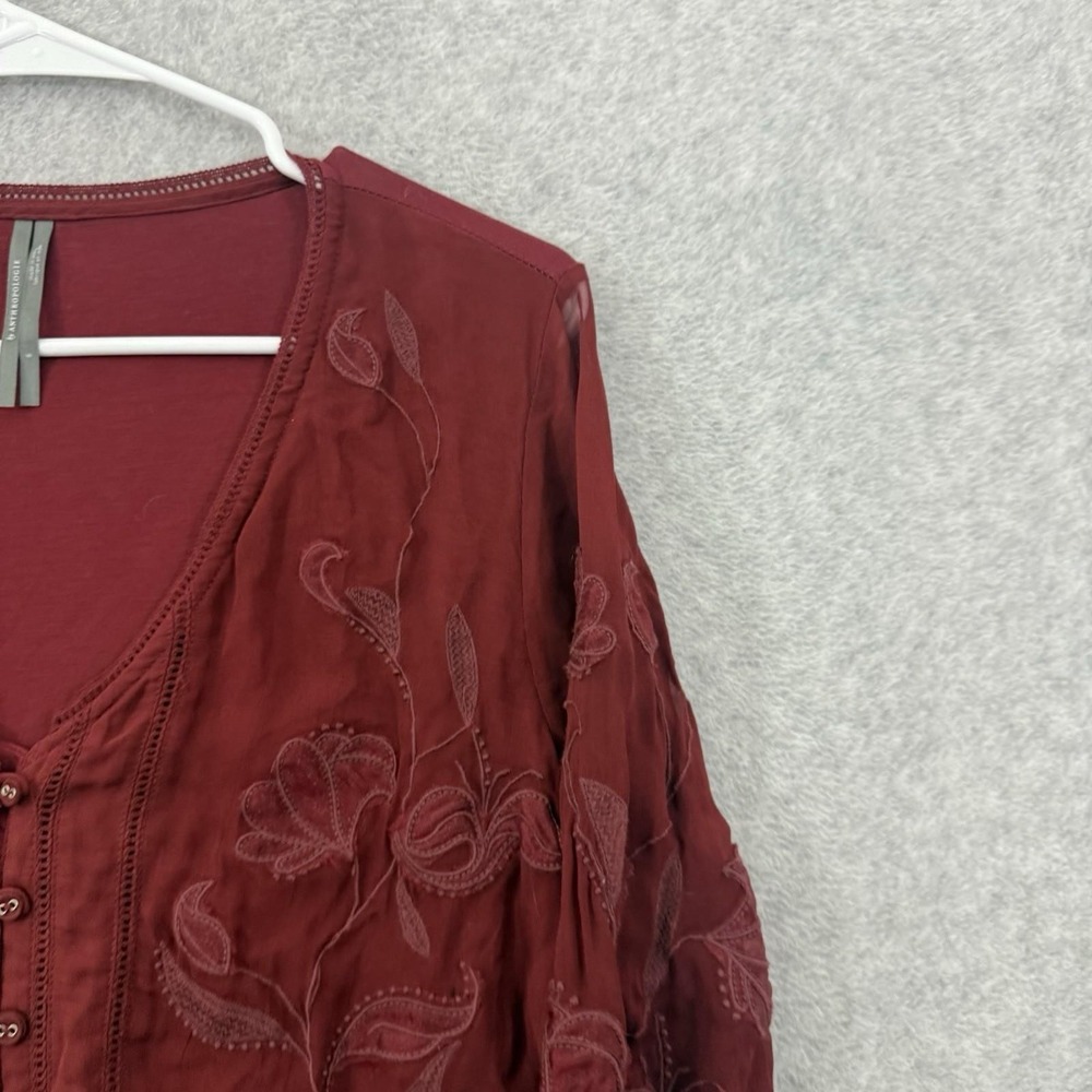 Anthropologie Top Women S Red Maroon Embroidered‎ Button Down Long Sleeve Blouse - Picture 4 of 10